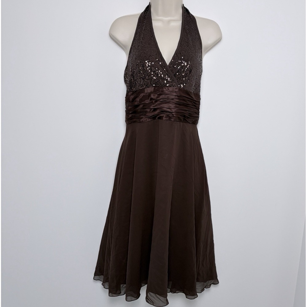 VTG Y2K Donna Morgan Dress‎ Brown Empire Waist Halter Silk Chiffon Cocktail Sz 6
